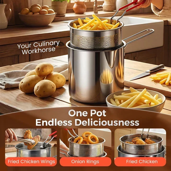 2026🔥🍟 Personal Mini Deep Fryer Set – Stainless Steel Pot with Lift-Out Draining Basket & Food Tongs