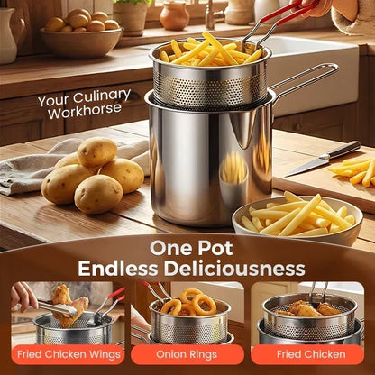2026🔥🍟 Personal Mini Deep Fryer Set – Stainless Steel Pot with Lift-Out Draining Basket & Food Tongs