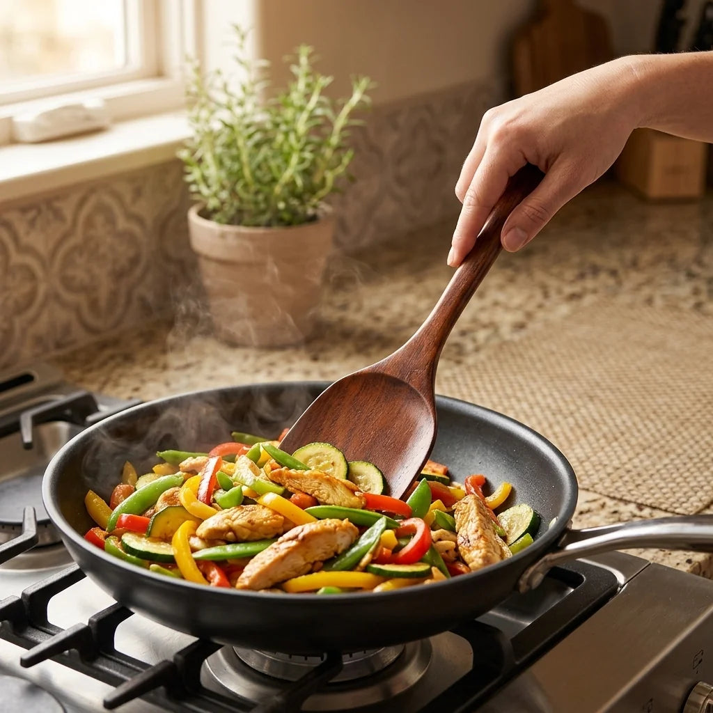 Cooking Fresh Vegetables in Non-Stick Skillet with Teak Spatula